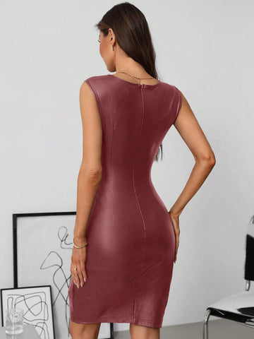 Women Pleated Bodycon PU Leather Dress, Black