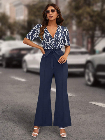 Women Printed And Solid Color Spliced Jumpsuit Trousers