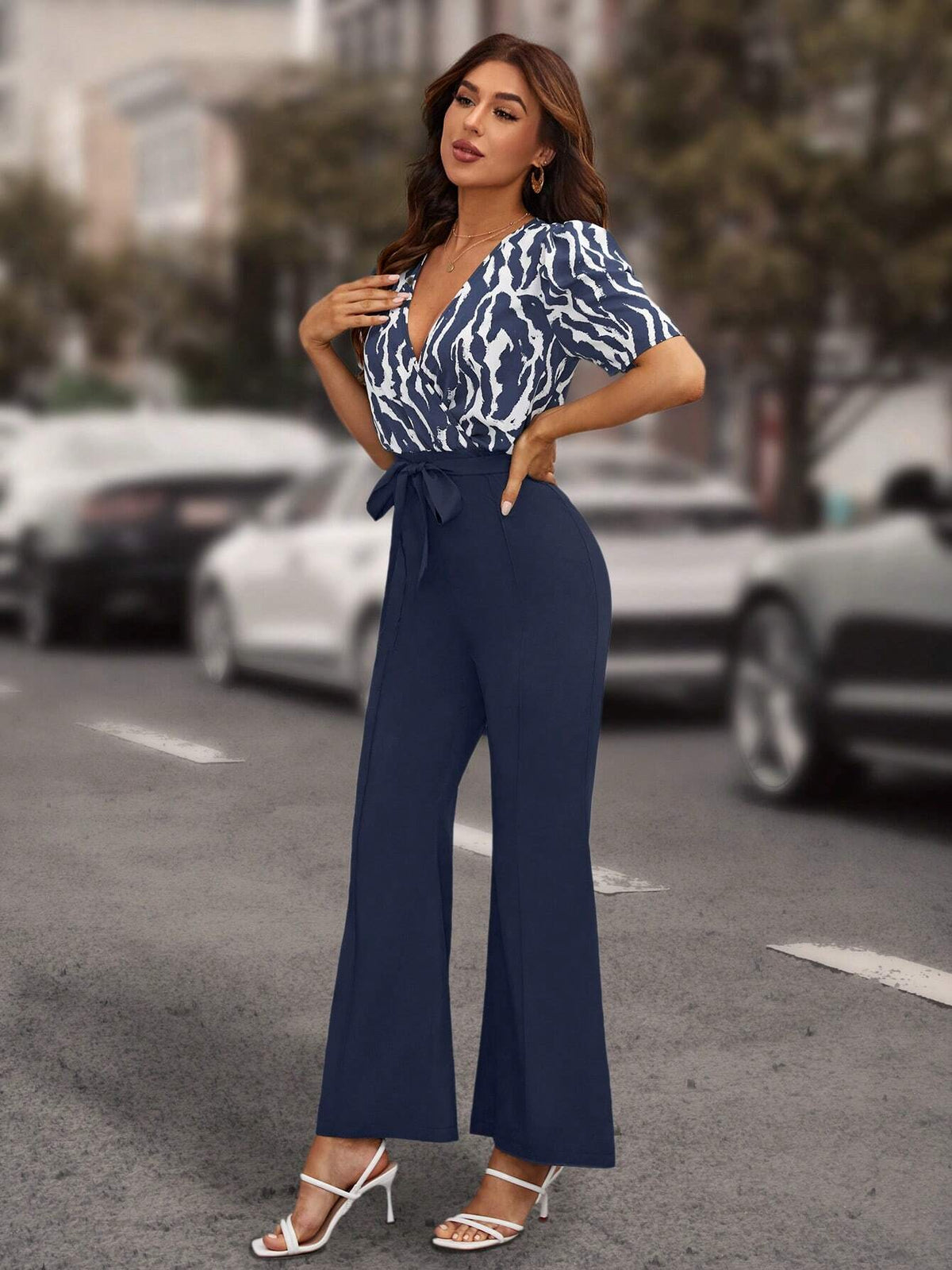Women Printed And Solid Color Spliced Jumpsuit Trousers