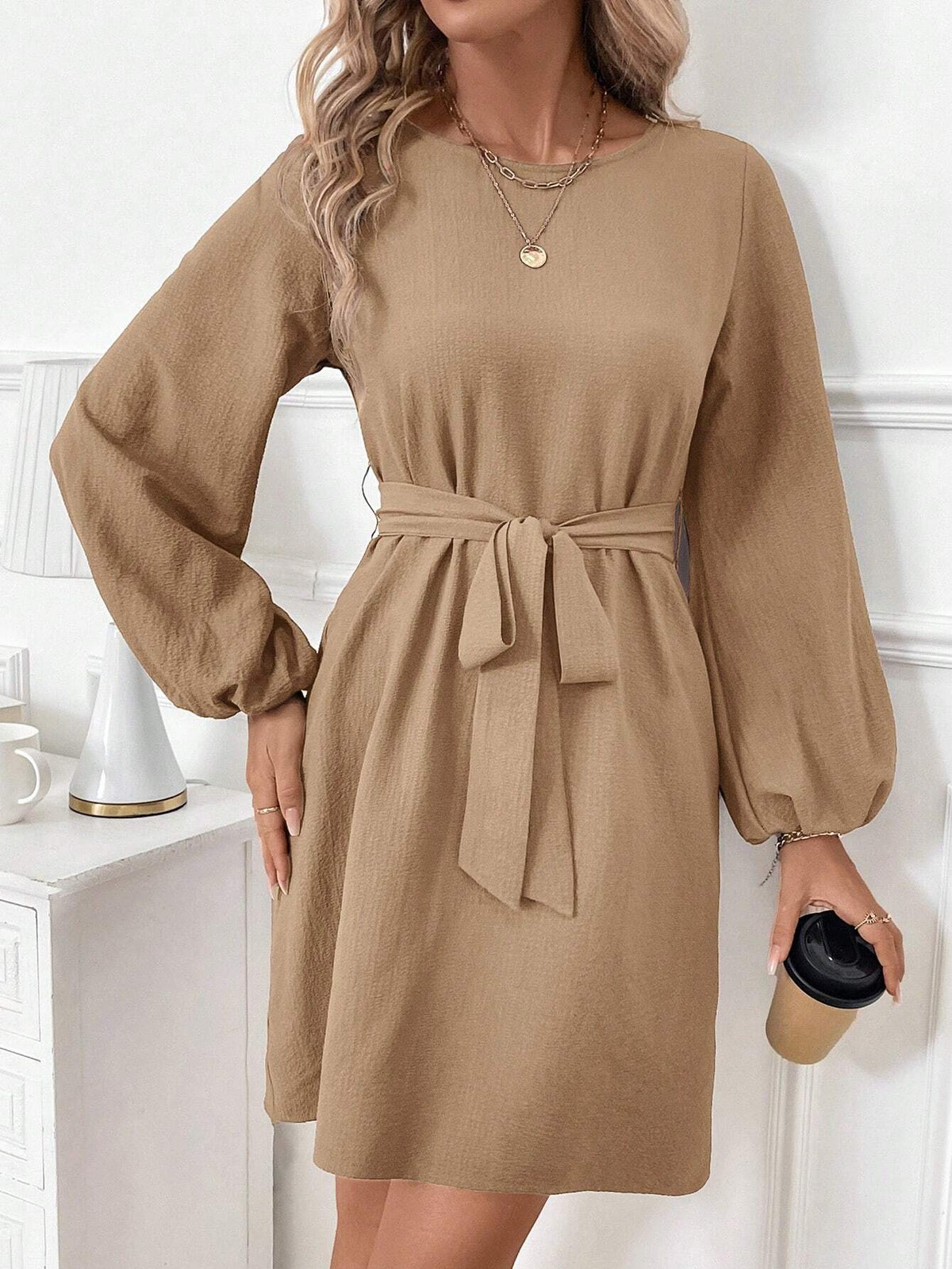 Women Puff Sleeve Crew Neck Cinched Waist Bow Tie Casual Mini Dress, Brown, Elegant & Fashionabl