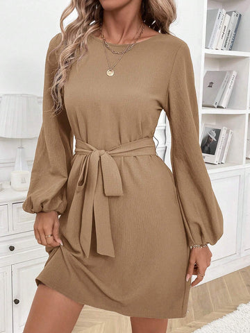 Women Puff Sleeve Crew Neck Cinched Waist Bow Tie Casual Mini Dress, Brown, Elegant & Fashionabl