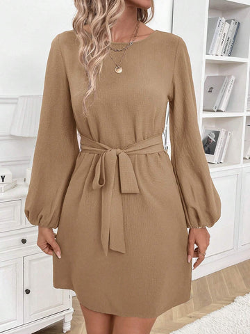 Women Puff Sleeve Crew Neck Cinched Waist Bow Tie Casual Mini Dress, Brown, Elegant & Fashionabl