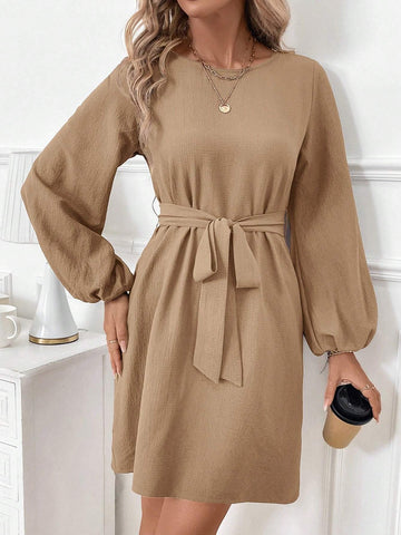 Women Puff Sleeve Crew Neck Cinched Waist Bow Tie Casual Mini Dress, Brown, Elegant & Fashionabl