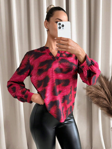 Clasi Women Red Leopard Print Long Sleeve Blouse, Autumn & Winter