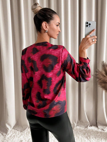 Clasi Women Red Leopard Print Long Sleeve Blouse, Autumn & Winter
