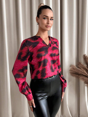 Clasi Women Red Leopard Print Long Sleeve Blouse, Autumn & Winter