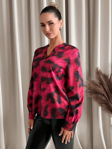 Clasi Women Red Leopard Print Long Sleeve Blouse, Autumn & Winter