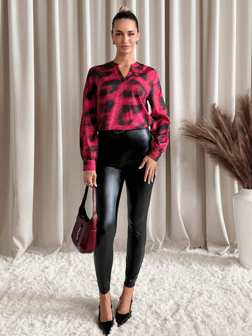 Clasi Women Red Leopard Print Long Sleeve Blouse, Autumn & Winter