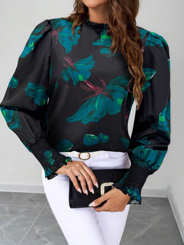 Clasi Women Rose Flower Print Ruffled Collar Shirt,Christmas Women Red Tops