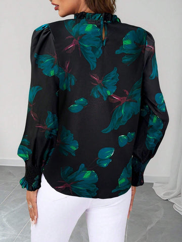 Clasi Women Rose Flower Print Ruffled Collar Shirt,Christmas Women Red Tops