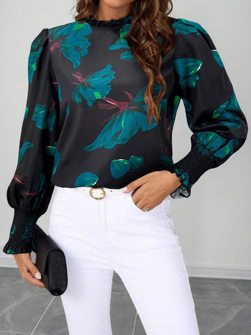 Clasi Women Rose Flower Print Ruffled Collar Shirt,Christmas Women Red Tops