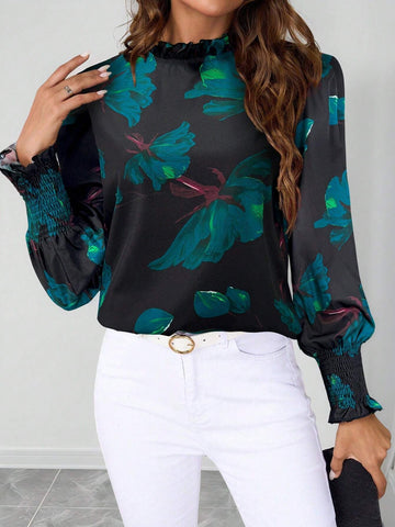 Clasi Women Rose Flower Print Ruffled Collar Shirt,Christmas Women Red Tops