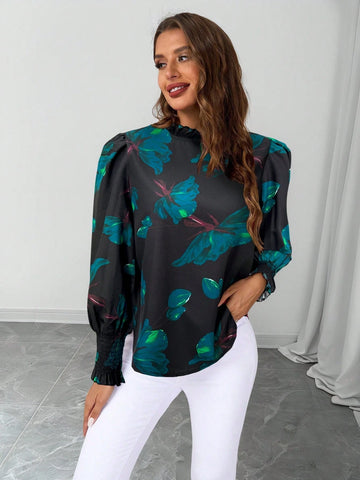 Clasi Women Rose Flower Print Ruffled Collar Shirt,Christmas Women Red Tops