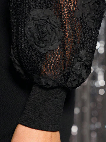 Women Rose Mesh Sleeve Mini Dress, Valentine's Day Design