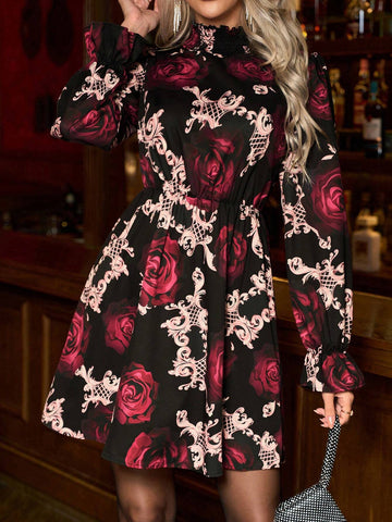 Women Rose Print Short Dress, Valentine's Day