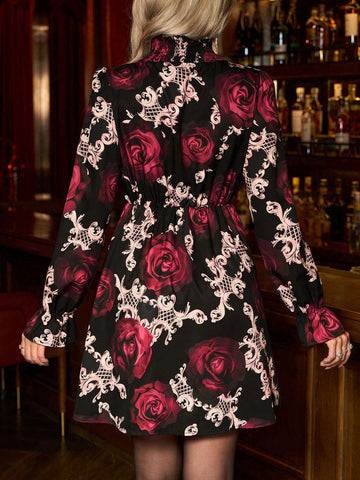 Women Rose Print Short Dress, Valentine's Day