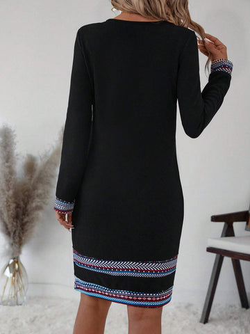 Women Round Neck Geometric Floral Pattern Casual Short Dress, Autumn