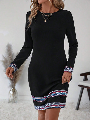 Women Round Neck Geometric Floral Pattern Casual Short Dress, Autumn