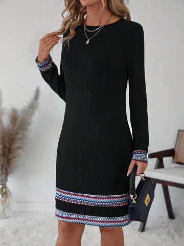 Women Round Neck Geometric Floral Pattern Casual Short Dress, Autumn