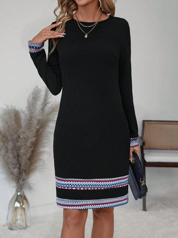 Women Round Neck Geometric Floral Pattern Casual Short Dress, Autumn