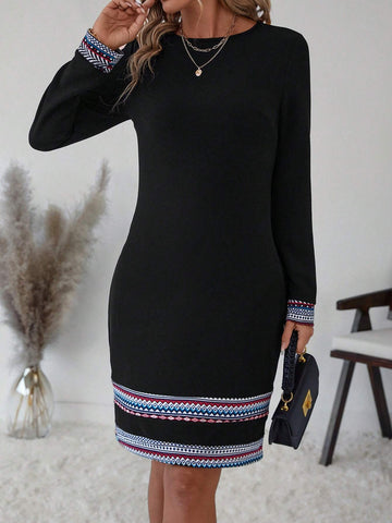 Women Round Neck Geometric Floral Pattern Casual Short Dress, Autumn