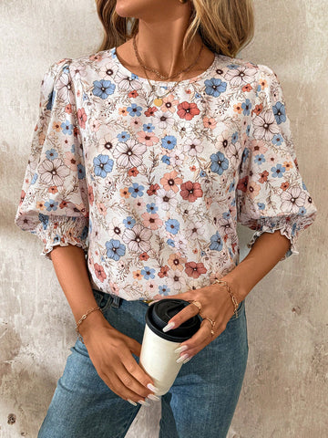 Clasi Women Round Neck Mid-Length Sleeve All-Over Floral Print Casual Top, For Daily Wear