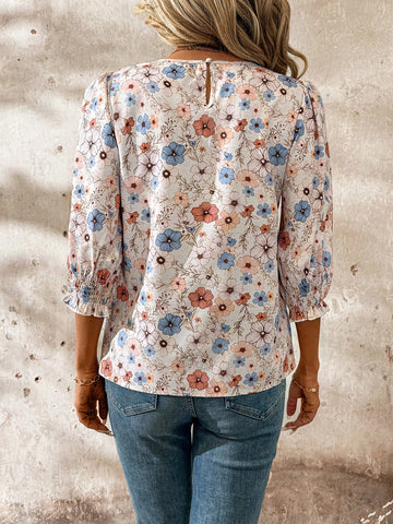 Clasi Women Round Neck Mid-Length Sleeve All-Over Floral Print Casual Top, For Daily Wear