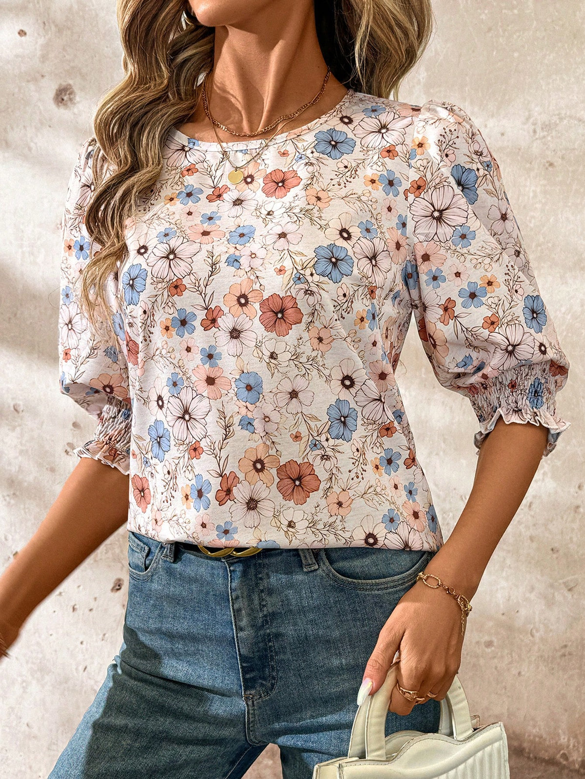 Clasi Women Round Neck Mid-Length Sleeve All-Over Floral Print Casual Top, For Daily Wear