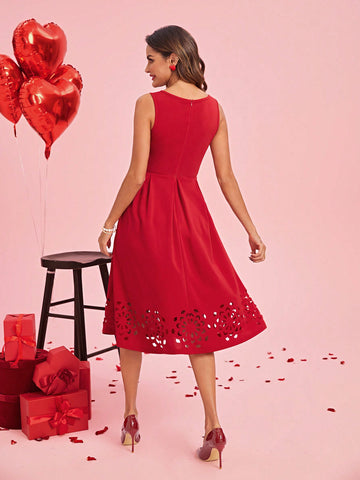 Women Sleeveless Valentine's Day Burnt-Out Floral Print Dress