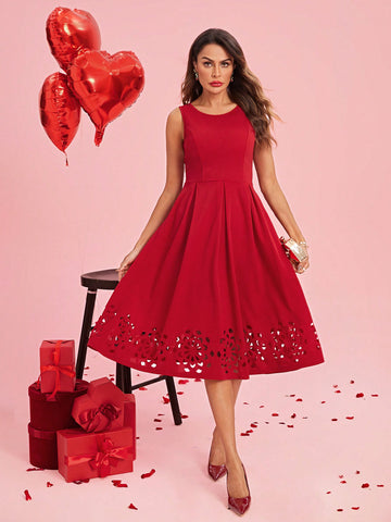 Women Sleeveless Valentine's Day Burnt-Out Floral Print Dress