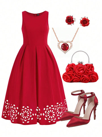 Women Sleeveless Valentine's Day Burnt-Out Floral Print Dress