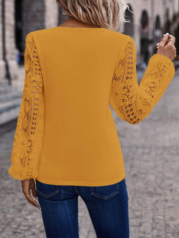 Clasi Women Solid Color Asymmetrical Collar Patchwork Lace Long Sleeve T-Shirt For Spring And