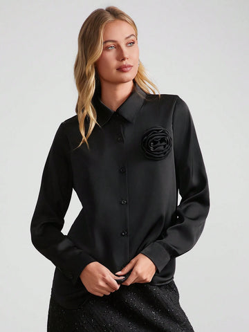 Clasi Women Solid Color Lapel Front Button Closure Elegant Long Sleeve Blouse