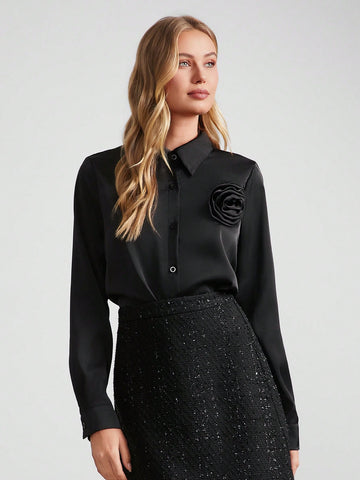 Clasi Women Solid Color Lapel Front Button Closure Elegant Long Sleeve Blouse