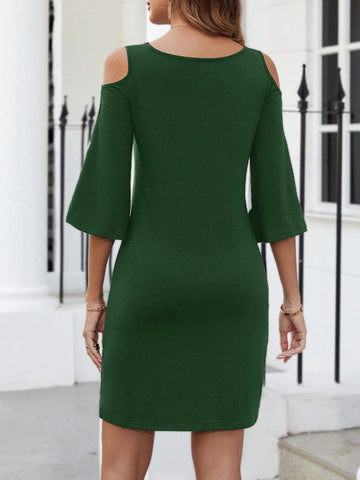 Women Solid Color Patchwork Open Shoulder Short Sleeve Bodycon Waist Mini Dress
