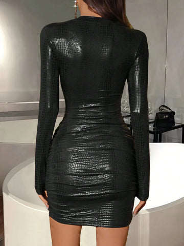 Women Solid Color Round Neck Long Sleeve Hollow Out Simple Fitted Short Dress