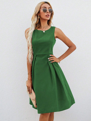 Women Solid Color Simple Round Neck Sleeveless Dress