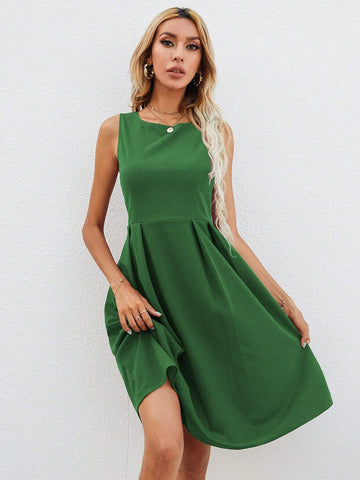 Women Solid Color Simple Round Neck Sleeveless Dress