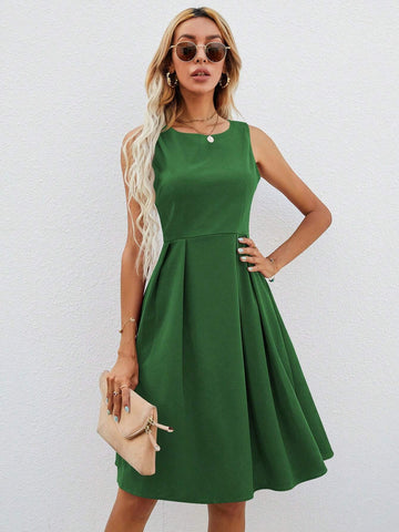 Women Solid Color Simple Round Neck Sleeveless Dress