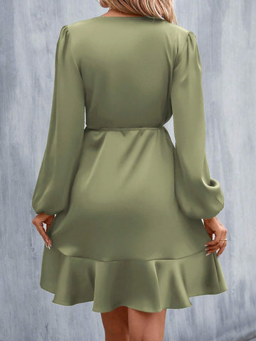 Women Solid Color Tie-Up Long Sleeve Casual Short Dress, Minimalist Style