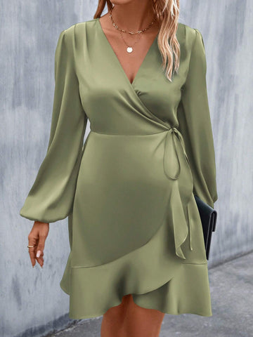 Women Solid Color Tie-Up Long Sleeve Casual Short Dress, Minimalist Style