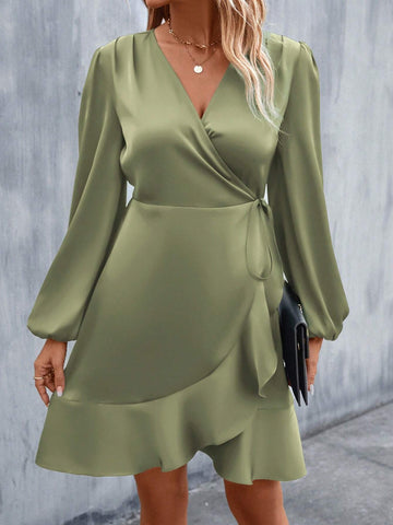 Women Solid Color Tie-Up Long Sleeve Casual Short Dress, Minimalist Style