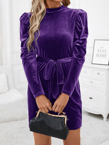 Women Solid Stand Collar Long Sleeve Front Tie Hem Mini Dress