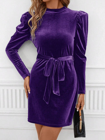 Women Solid Stand Collar Long Sleeve Front Tie Hem Mini Dress