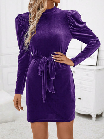 Women Solid Stand Collar Long Sleeve Front Tie Hem Mini Dress