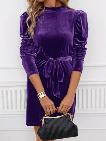 Women Solid Stand Collar Long Sleeve Front Tie Hem Mini Dress