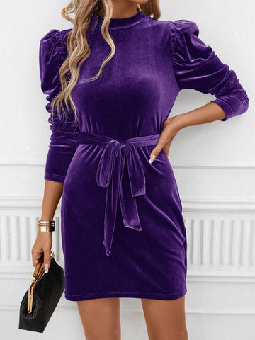 Women Solid Stand Collar Long Sleeve Front Tie Hem Mini Dress