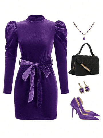 Women Solid Stand Collar Long Sleeve Front Tie Hem Mini Dress