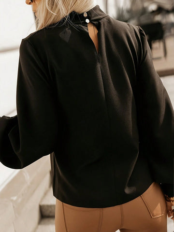 Clasi Women Spring/Autumn Casual Solid Color Stand Collar Lantern Sleeve Shirt