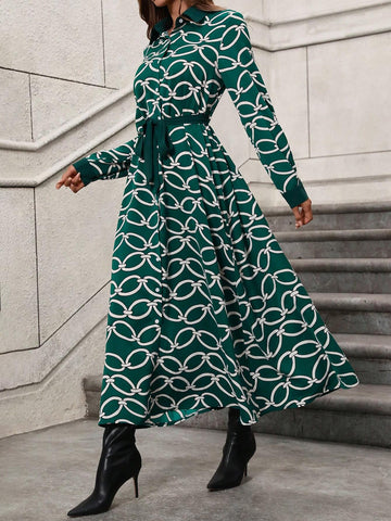 Women Spring Summer Chain Print Long Sleeve Long Elegant Shirt Dress